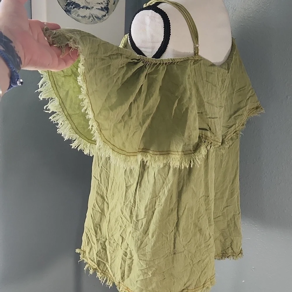 Green Sage Umgee Boho Frayed Blouse - Picture 6 of 8